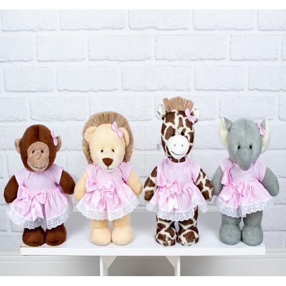 Imagem de KIT SAFARI VESTIDO COM LESE PELUCIA EM PÉ 20cm - LEÃO, ELEFANTE, MACACO, GIRAFA.