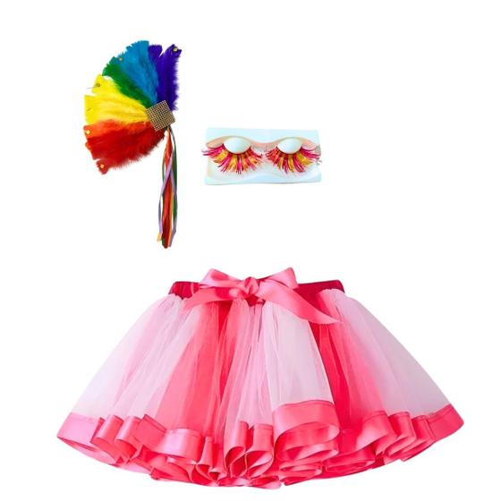 Fantasia Tutu Colorido Kit Saia Tule Carnaval Enfeite Cabelo