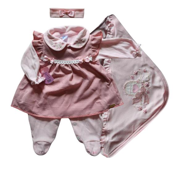 Imagem de Kit Saída de Maternidade Feminino Recém Nascido Menina Presente Princesa para Nenê Vestido e Body Rosa Fada Rosê 3 Peças