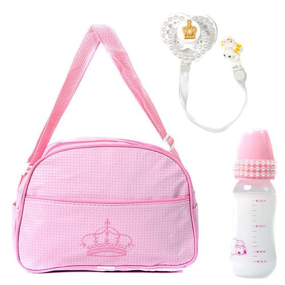 Imagem de Kit Saida Maternidade com Bolsa Rosa com Mamadeira e Chupeta