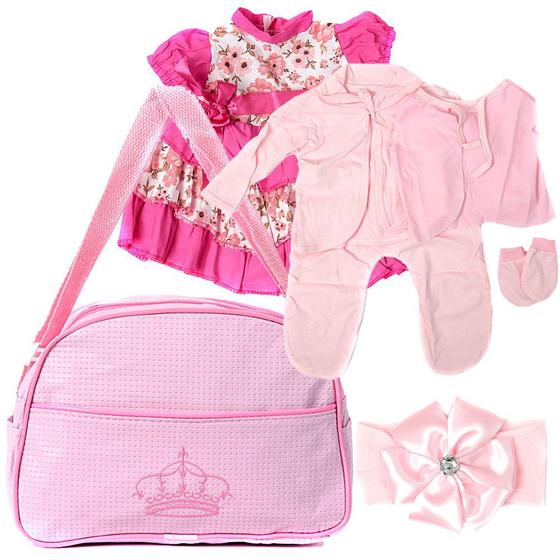 Imagem de Kit Saida Maternidade com Bolsa Rosa e Conjunto de Roupa para Bebê