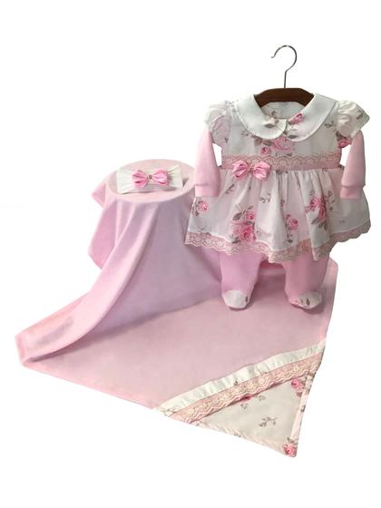 Imagem de Kit Saída Maternidade Menina Inverno Rosa Branco e Floral De Plush Com Manta - Pitu Baby