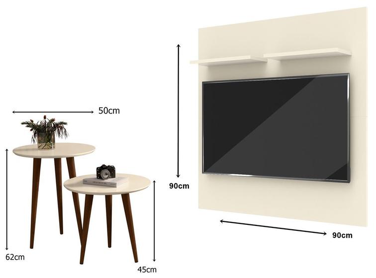 Imagem de Kit Sala Painel Apolo Para TV 32P e 2 Mesas Lateral e Apoio Pés Palito Retrô cor Off White - JM Casa dos Móveis