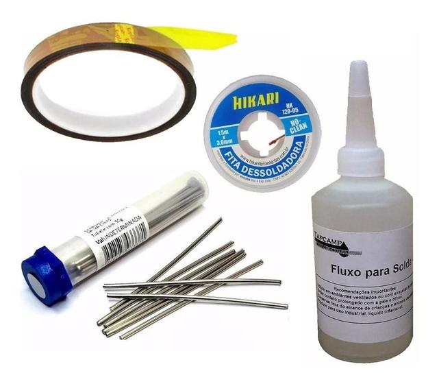 kit Salva Chip Fita Kapton 5mm Fluxo Solda Malha Dessoldadora Menor preço em kit Salva Chip Fita Kapton 5mm Fluxo Solda Malha Dessoldadora