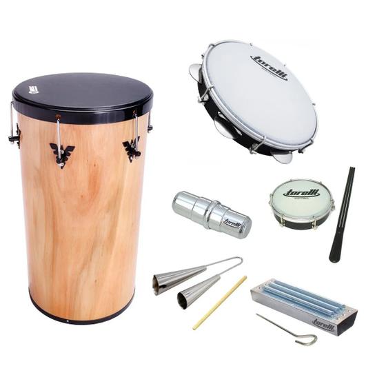 Kit samba tantan + pandeiro + reco + agogo + tamborim + ganza Torelli