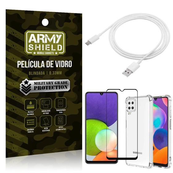 Imagem de Kit Samsung A22 4G Cabo USB Tipo C 2m + Capa Anti Impacto + Película Vidro 3D - Armyshield