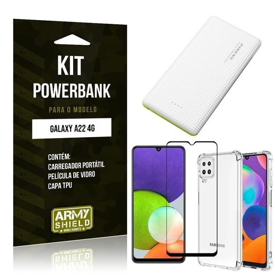 Imagem de Kit Samsung A22 4G Carregador Portátil 5K Tipo C + Capa Anti Impacto + Película Vidro 3D -Armyshield