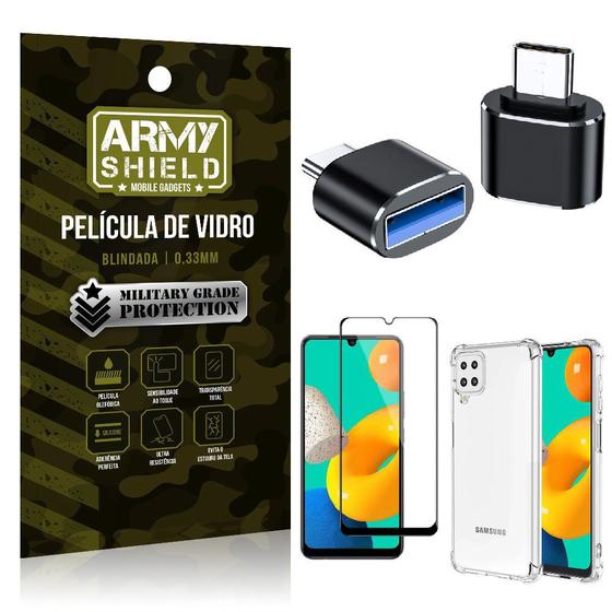 Imagem de Kit Samsung M32 Adaptador OTG Tipo C para USB + Capa Anti Impacto + Película 3D - Armyshield