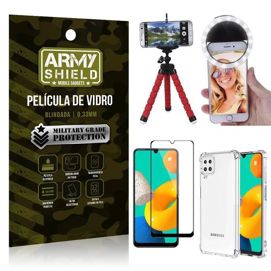 Imagem de Kit Samsung M32 Tripé Flex + Flash Ring + Capa Anti Impacto + Película 3D - Armyshield