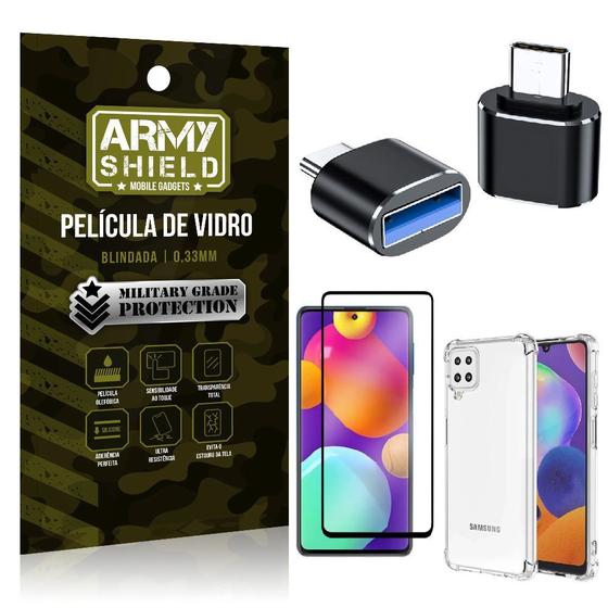 Imagem de Kit Samsung M62 Adaptador OTG Tipo C para USB + Capa Anti Impacto + Película 3D - Armyshield