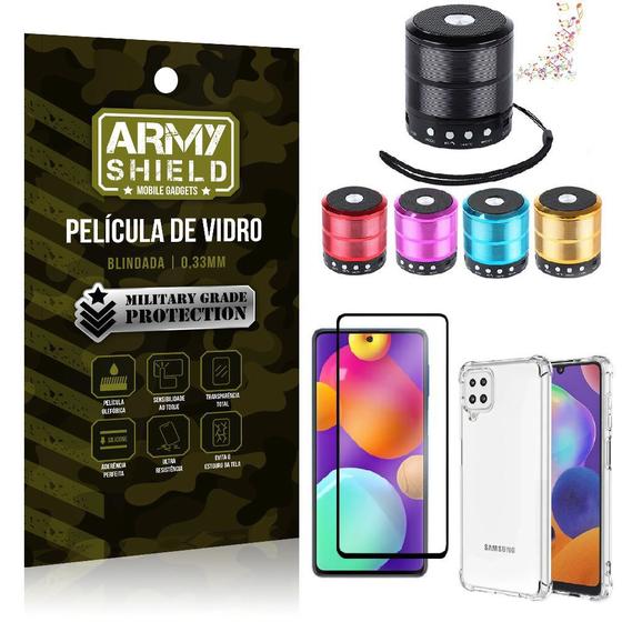 Imagem de Kit Samsung M62 Mini Som Bluetooth + Capa Anti Impacto + Película Vidro 3D - Armyshield