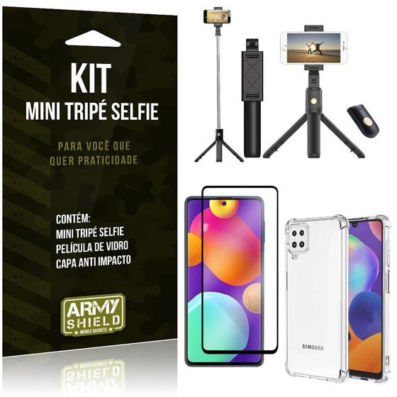 Imagem de Kit Samsung M62 Mini Tripé Selfie Bluetooth para + Capa Anti Impacto + Película 3D - Armyshield
