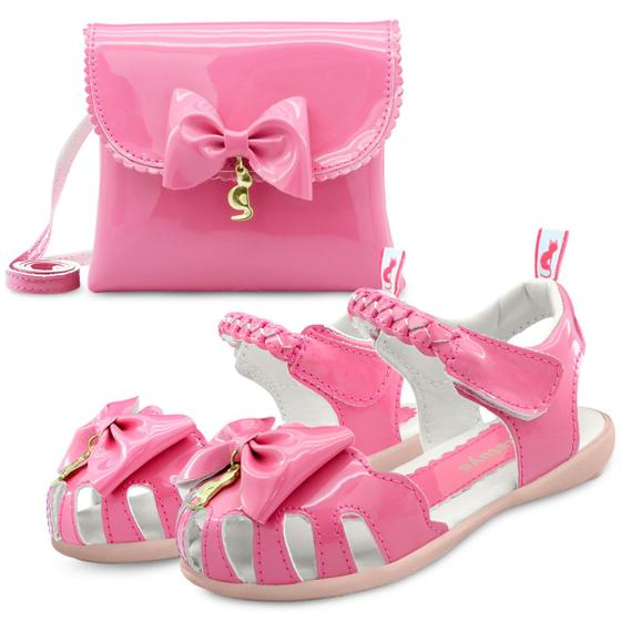 Imagem de Kit Sandália Feminina Infantil Menina Com Bolsinha Laço Pink Mz Shoes