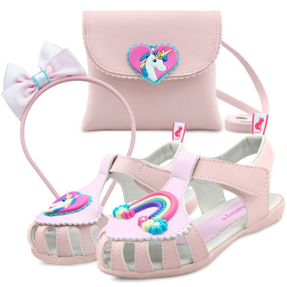 Imagem de Kit Sandália Infantil Feminina Unicórnio Com Bolsa E Tiara Rosa Mzkid