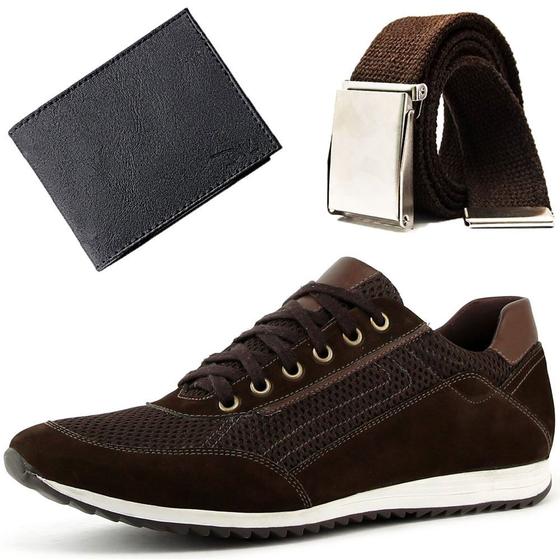 Kit Sapatenis Tênis Casual Couro Jogging Cinto + Carteira Menor preço em Kit Sapatenis Tênis Casual Couro Jogging Cinto + Carteira