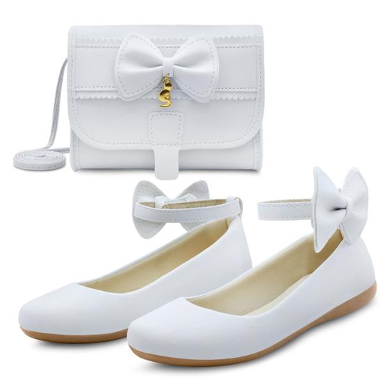 Imagem de Kit Sapatilha Infantil Menina Boneca Mz Shoes Com Bolsa Laço Feminina Branca