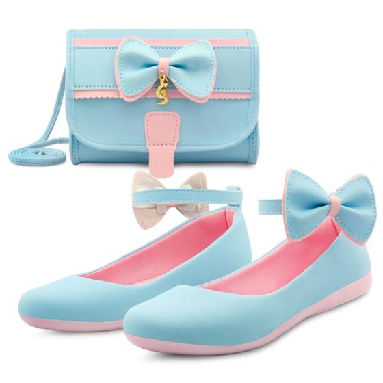 Imagem de Kit Sapatilha Infantil Menina Festa Gatatuya Com Bolsa Laço Feminina Boneca Azul