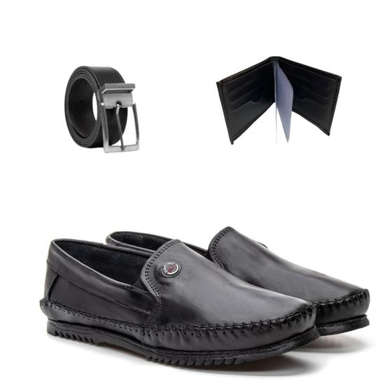 Imagem de Kit Sapato Sapatilha Masculina Mocassim Antistress Casual Couro Liso Preto