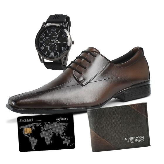 Imagem de Kit Sapato Social Masculino de Amarrar Com Carteira Relógio E Adesivo Black - Caramelo