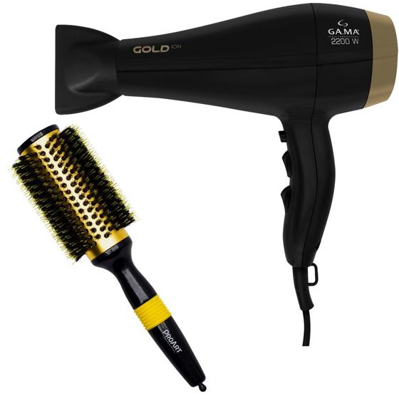 Imagem de Kit - secador gama gold ion 2200w 220v + escova proart metallic pro amarela 38mm epm15