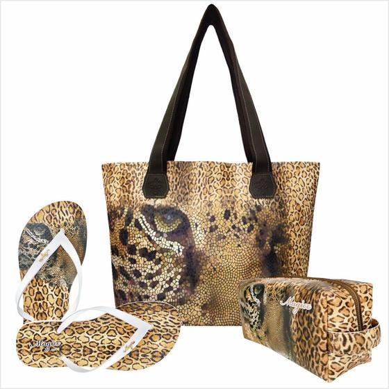 Imagem de Kit Selva Feminino Onça com Bolsa, Necessaire e Chinelo, Magicc