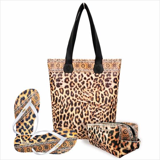 Imagem de Kit Selva Feminino Oncinha com Bolsa, Necessaire e Chinelo, Magicc