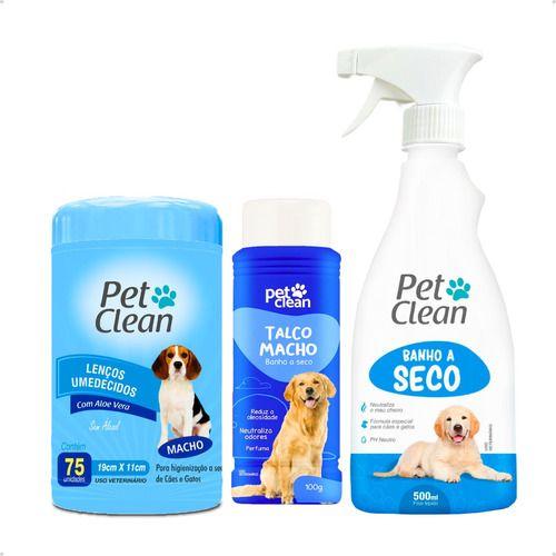 Imagem de Kit Sem Enxágue Banho Seco + Talco + Lenço Para Cachorro Top Pet Clean