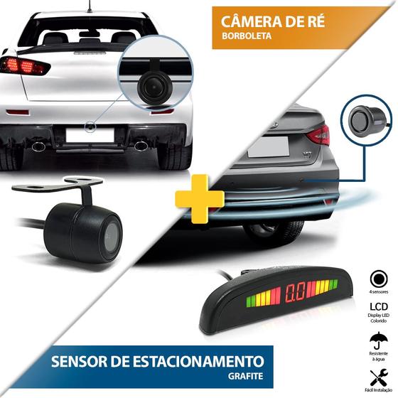 Imagem de Kit Sensor de Ré Cinza + Câmera de Ré Renault Sandero 2011 2012 2013 2014 Estacionamento Chumbo Grafite