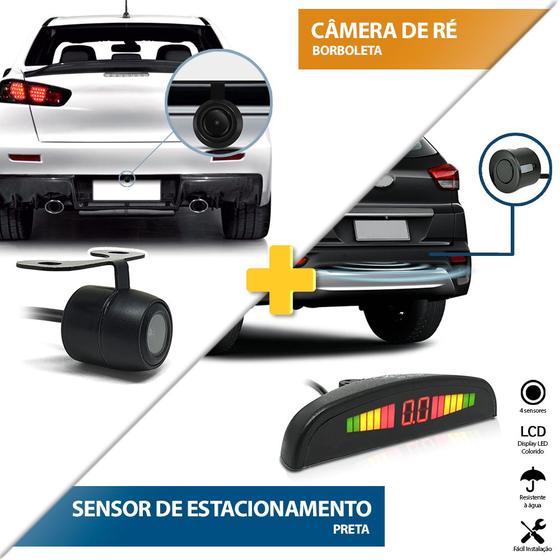 Imagem de Kit Sensor de Ré Preto Fosco Emborrachado + Câmera de Ré Traseira Agile 2010 2011 Estacionamento Aviso Sonoro