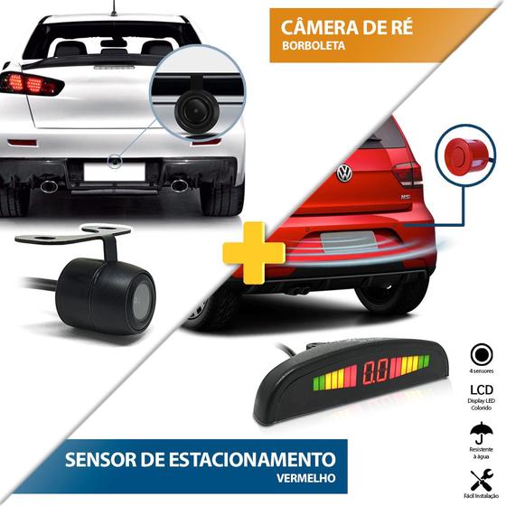 Imagem de Kit Sensor de Ré Vermelho + Câmera de Ré Traseira Meriva 2002 2003 2004 2005 2006 2007 Estacionamento Aviso Sonoro