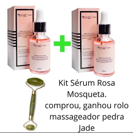 Imagem de Kit sérum facial - 2 frascos Rosa Mosqueta Maxlove + 1 rolinho de pedra de Jade