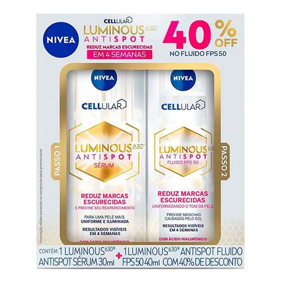 Kit Sérum Nivea Cellular Luminous 630º Antispot 30ml + Fluido FPS 50 40ml com 40% Off Menor preço em Kit Sérum Nivea Cellular Luminous 630º Antispot 30ml + Fluido FPS 50 40ml com 40% Off