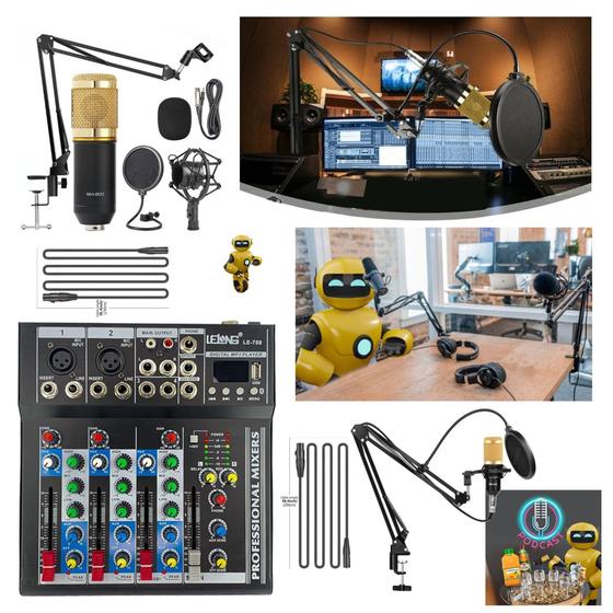 Imagem de Kit Setup Podcast mesa interface usb bluetooth com 2 microfones condensador