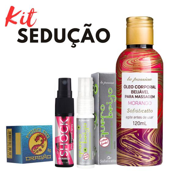 Imagem de Kit Sex Shop Óleo para Massagem Tantrica Sensual Quero Beijo Pomada Fogo do Dragão