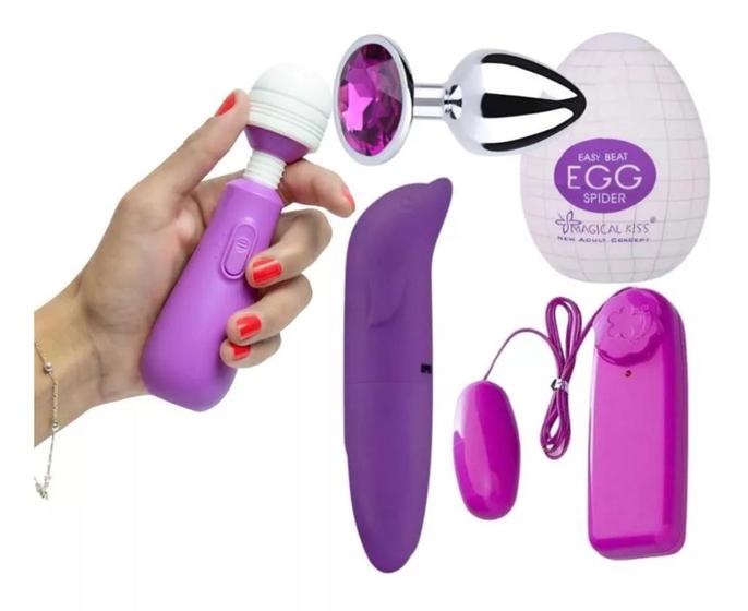 Imagem de Kit Sex Shop Vibrador Feminino Golfinho + Bullet Cápsula + Varinha + Plug Anal + Egg