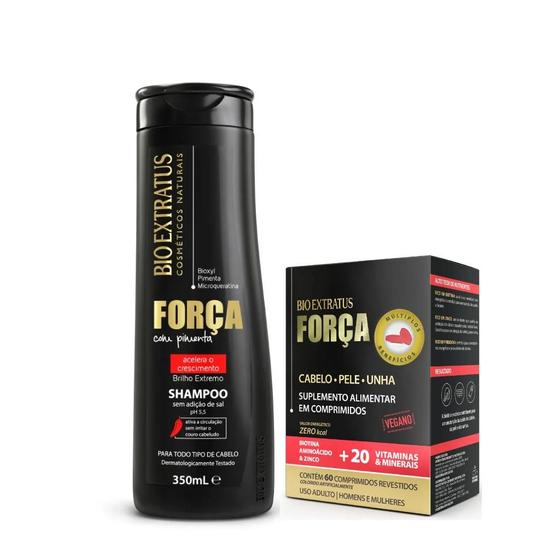 Imagem de Kit Shampoo 350ml E Suplemento P/ Cabelos Pele Unha Crescimento Força Com Pimenta - Bio Extratus