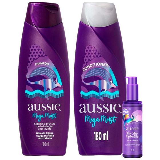 Imagem de Kit Shampoo Aussie Mega Moist Super Hidratação 180ml + Condicionador 180ml + Leave-in Serum Aussie Non Stop Hydration 95ml 