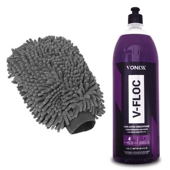 Imagem de Kit Shampoo Automotivo V-Floc 1,5L Vonixx + Luva Microfibra Limpeza suave sem Riscos