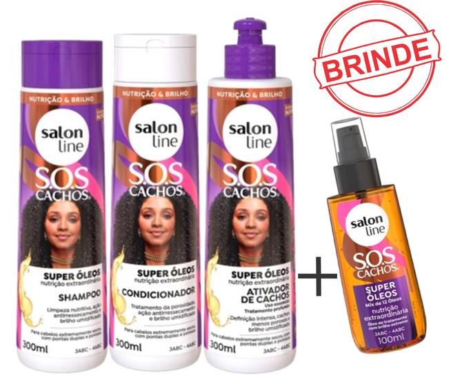 Imagem de Kit Shampoo + Condicionador + Ativador + Oleo S.O.S Cachos Super Oleos Salon Line 300 ml