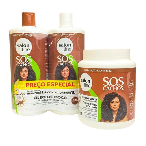 Imagem de Kit Shampoo Condicionador Creme Pentear Sos Cacho Salon Line