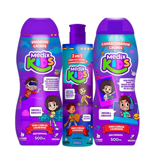 Imagem de Kit Shampoo Condicionador e Creme De Pentear Cachos Medix Kids 500ml