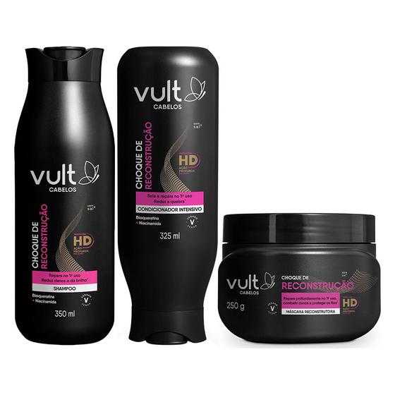 Imagem de Kit Shampoo Condicionador e Máscara Capilar Restauração Choque de Reconstrução Vult