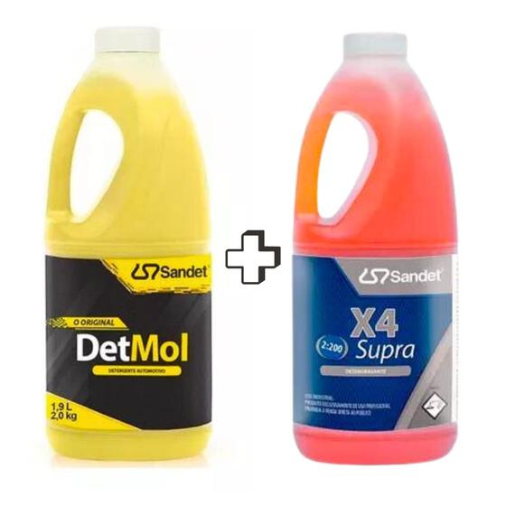 Imagem de Kit Shampoo DetMol Lava Moto Sandet 1,9L + X4 Supra Desengraxante Alcalino Automotivo Limpa Moto 2L 