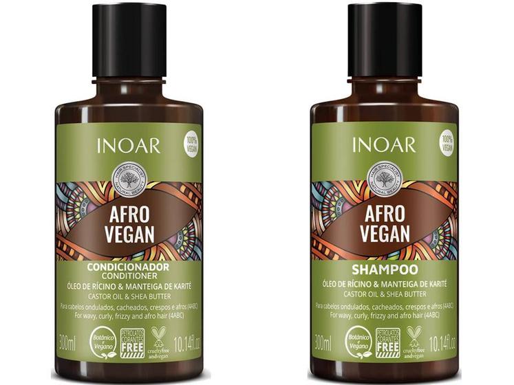 Imagem de Kit Shampoo e Condicionador Afro Vegan Inoar 300ml Óleo de Rícino e Manteiga de Karité Cabelos Cacheados Crespos e Afros