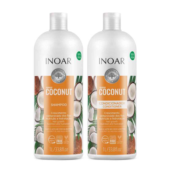 Imagem de Kit Shampoo e Condicionador Bombar Coconut Inoar Litro Nutrição Hidratação Óleo e Leite de Coco Crescimento Vegano