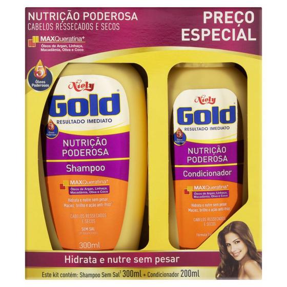 Imagem de Kit Shampoo e Condicionador Niely Gold Nutrição Poderosa Shampoo 300mL + Condicionador 200mL