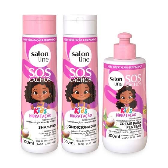 Imagem de Kit Shampoo Limpeza Suave 300ml + Condicionador Hidratação Prolongada 300ml + Creme de Pentear Definição Antifrizz 300ml, SOS Cachos Kids Salon Line