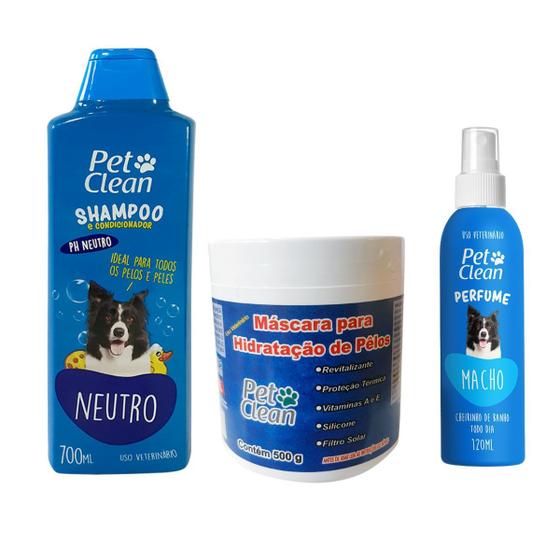 Imagem de Kit Shampoo Neutro Máscara para Hidratação e Perfume Macho Pet CLean para Cachorros Limpeza Maciez Brilho