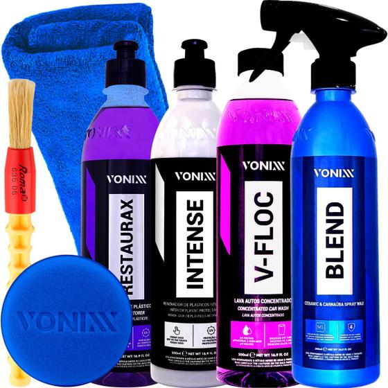 Imagem de Kit Shampoo Neutro V-Floc Concentrado Cera Liquida Blend Spray Revitalizador Renovador Restaurador de Plasticos Intense Restaurax Vonixx