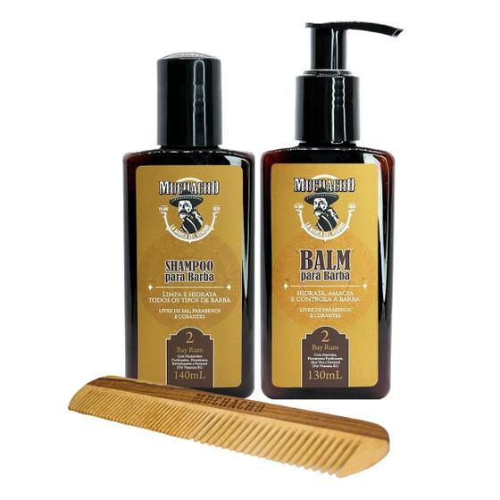 Imagem de Kit Shampoo para Barba + Balm para Barba + Pente Duplos Dentes - Muchacho Bay Rum Frasco